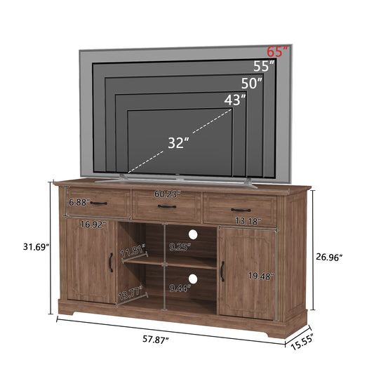 CBJCBJ 60.23" Farmhouse TV Console , 33" Tall Entertainment Center | Up to 65" & Larger TVs | Adjustable Shelf | 3 Drawers & Sliding Barn Doors(BROWN)