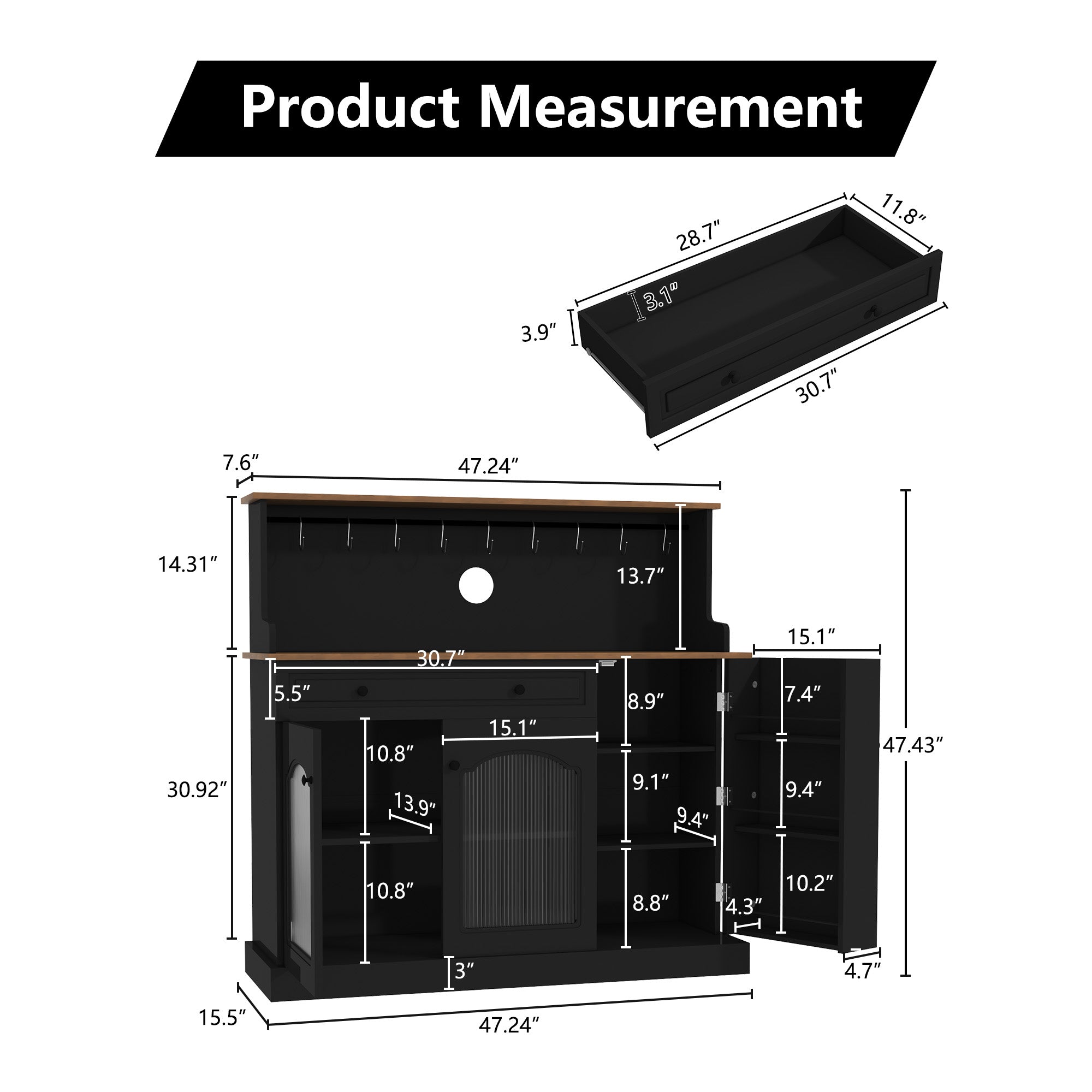 CBJCBJ 48“ Modern Wood Kitchen Pantry Cabinet with Coffee Bar, Drawer & Microwave Stand,Black