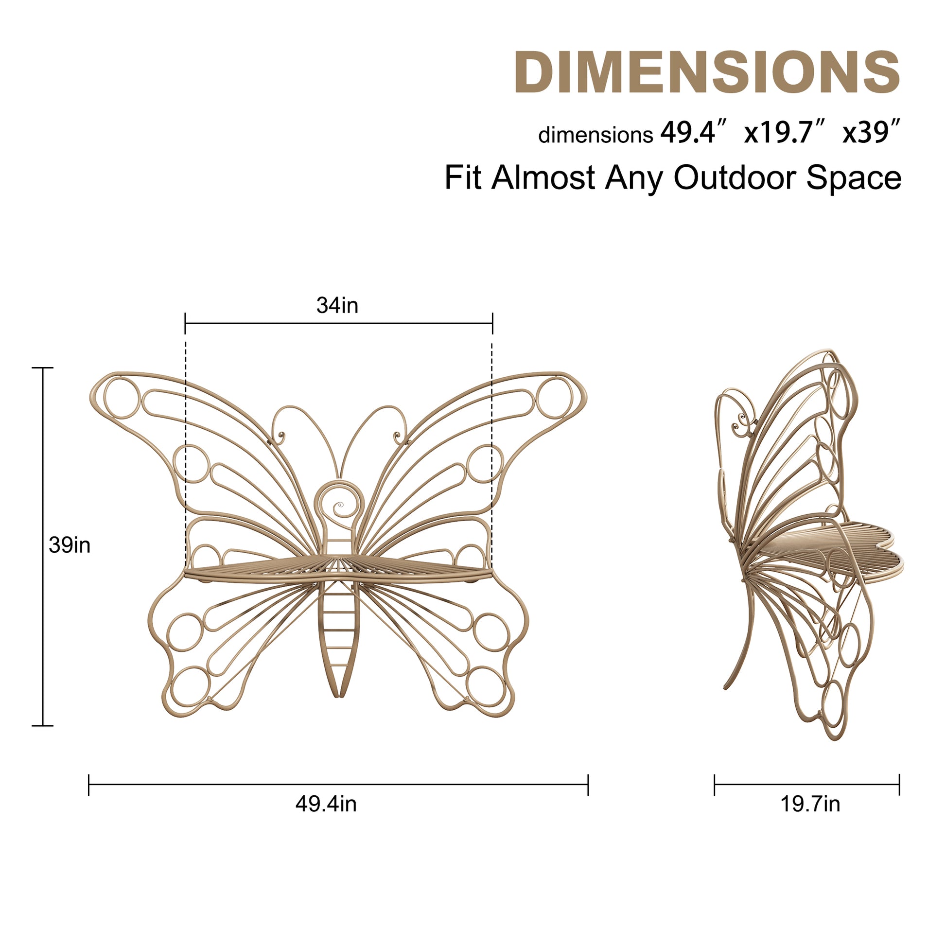 HLR Outdoor Bench with Butterfly Inspired Pattern, 50" Metal Frame Patio Garden Chair Cast Iron, Brown
