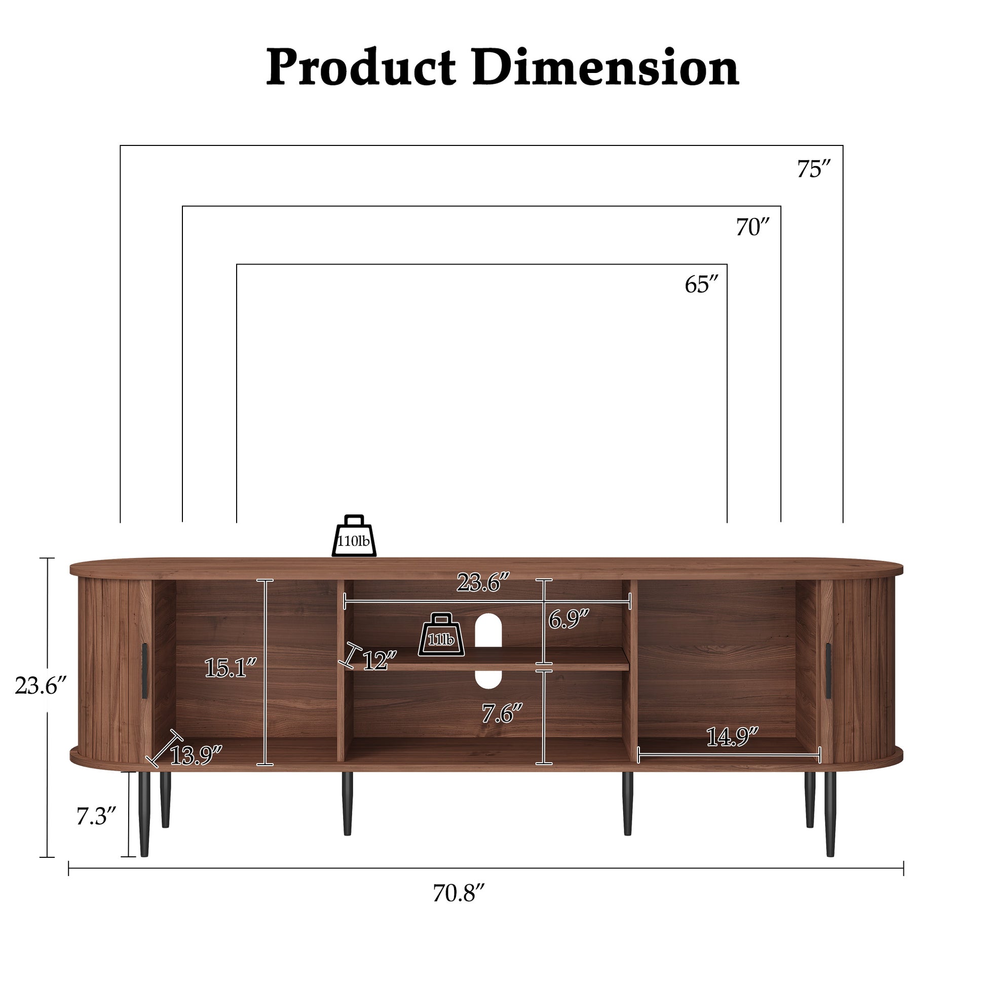 CBJCBJ 70" Modern Tambour Door TV Stand up to 80" TVs, Entertainment Center with Storage, Fluted Television Consoles for Living Room（Brown）