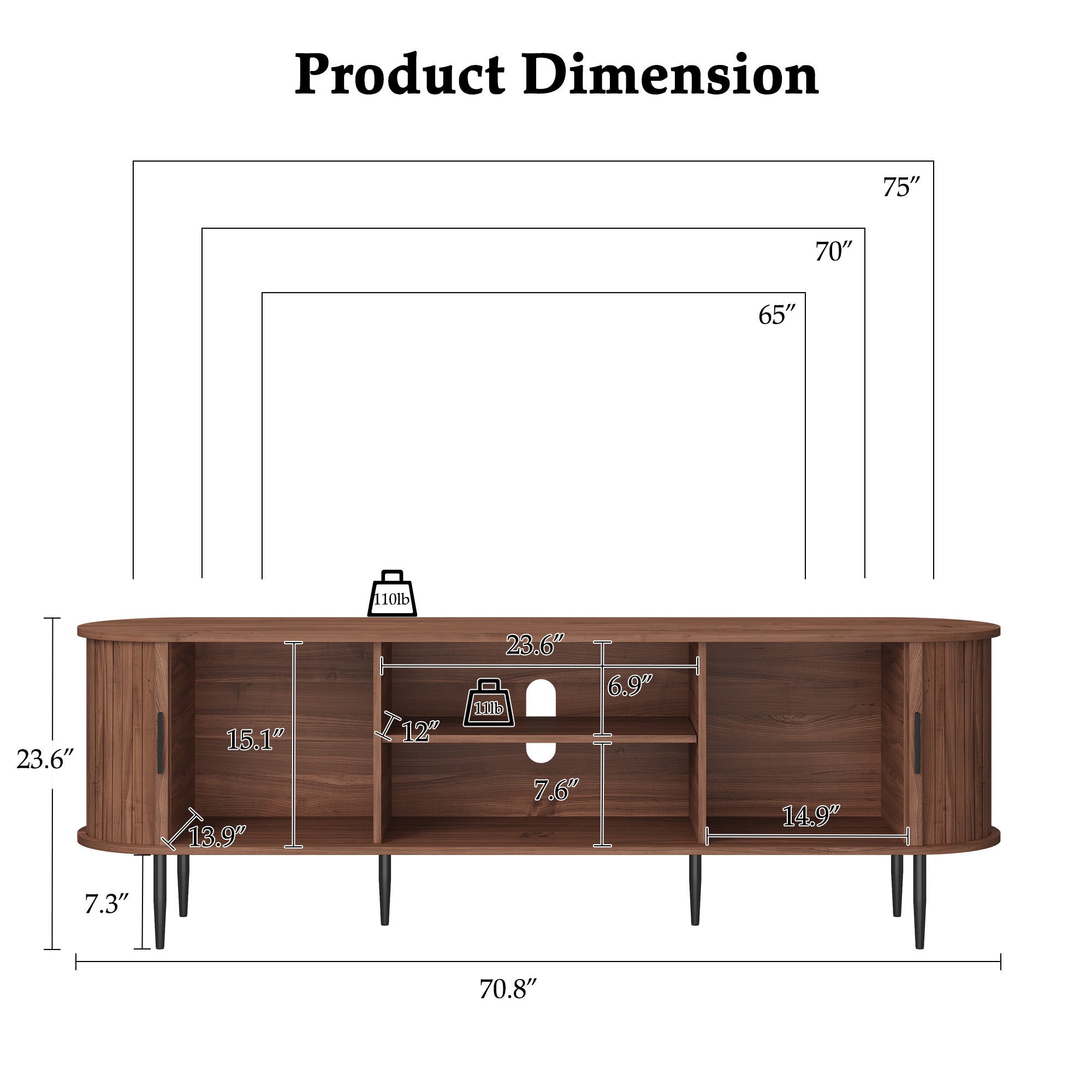 CBJCBJ 70" Modern Tambour Door TV Stand up to 80" TVs, Entertainment Center with Storage, Fluted Television Consoles for Living Room（Brown）