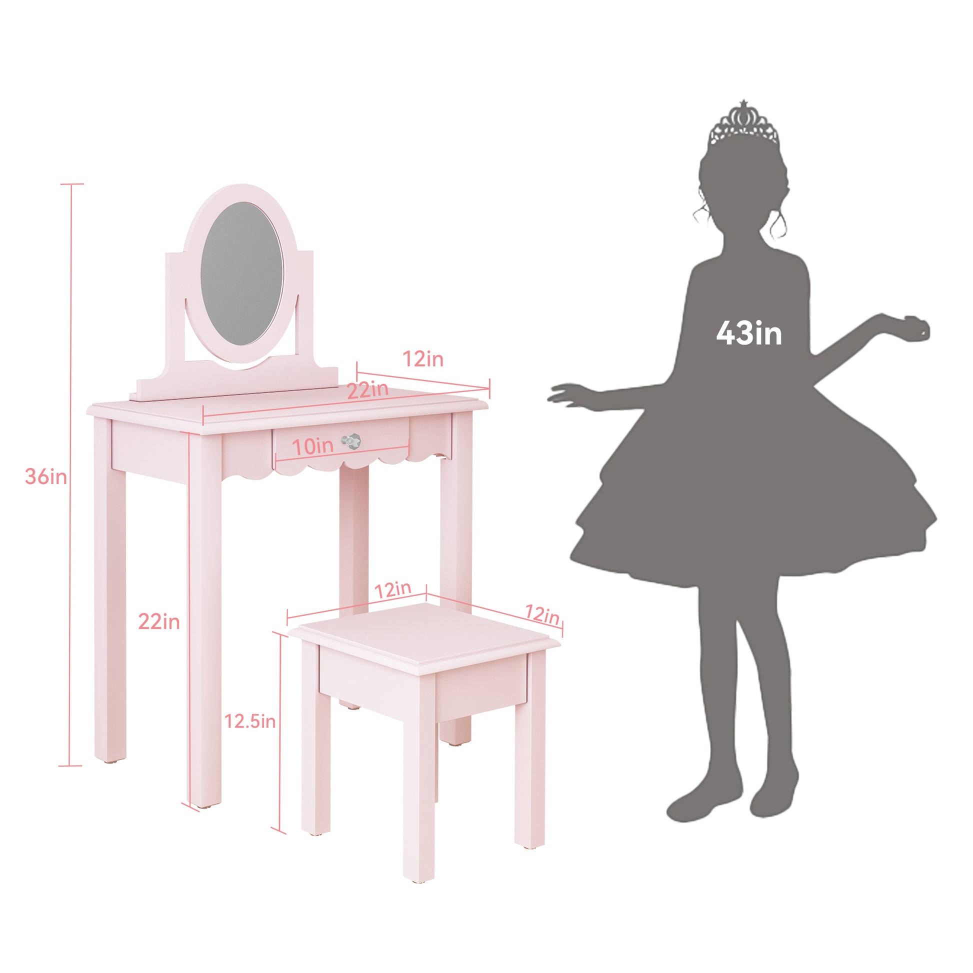 CBJCBJ Kids Vanity Set with Mirror and Stool（Detachable Top）, Wooden 2 in 1 Princess Makeup Desk Dressing Table