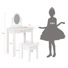 CBJCBJ Kids Vanity Set with Mirror and Stool（Detachable Top）, Wooden 2 in 1 Princess Makeup Desk Dressing Table,White