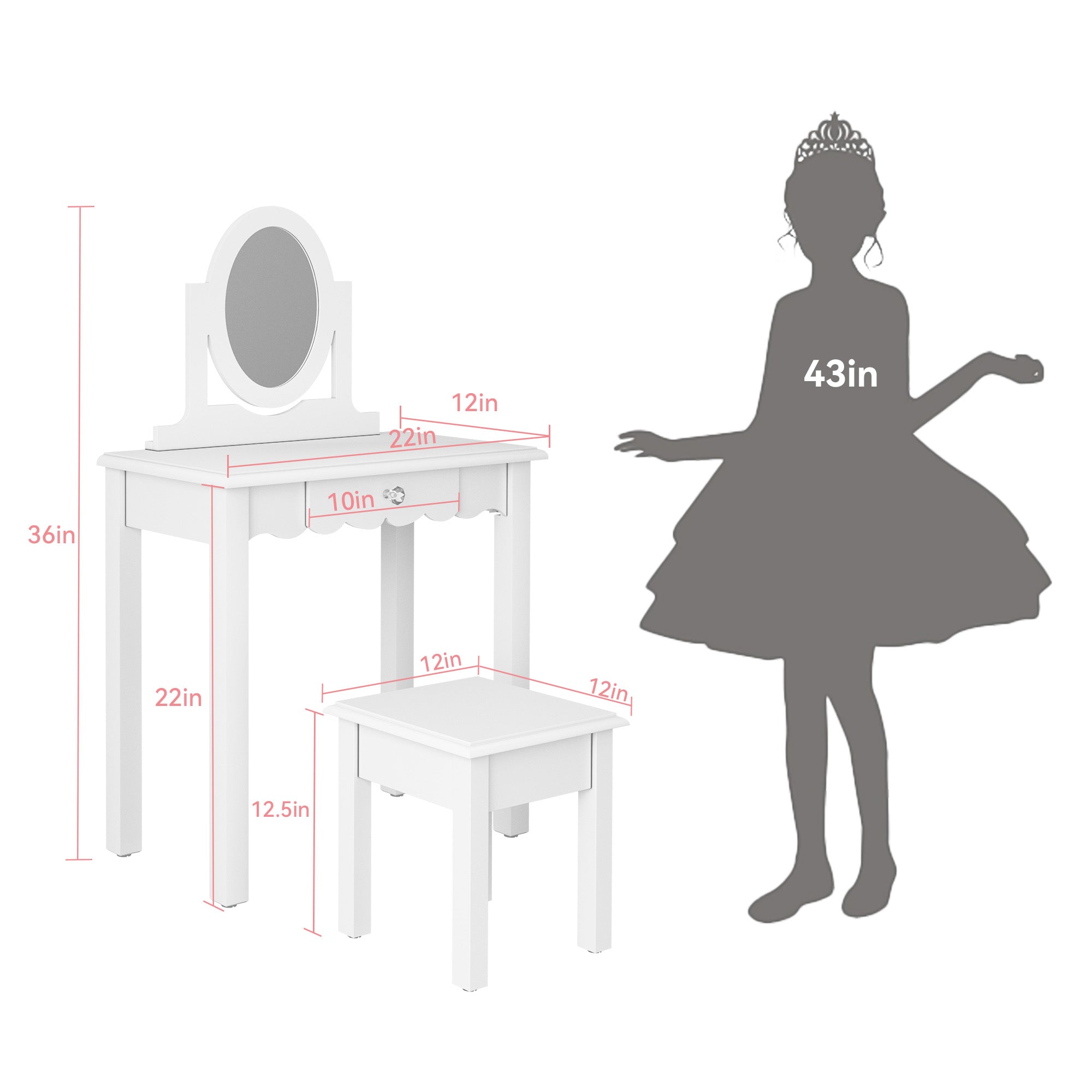 CBJCBJ Kids Vanity Set with Mirror and Stool（Detachable Top）, Wooden 2 in 1 Princess Makeup Desk Dressing Table,White