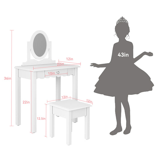 CBJCBJ Kids Vanity Set with Mirror and Stool（Detachable Top）, Wooden 2 in 1 Princess Makeup Desk Dressing Table,White