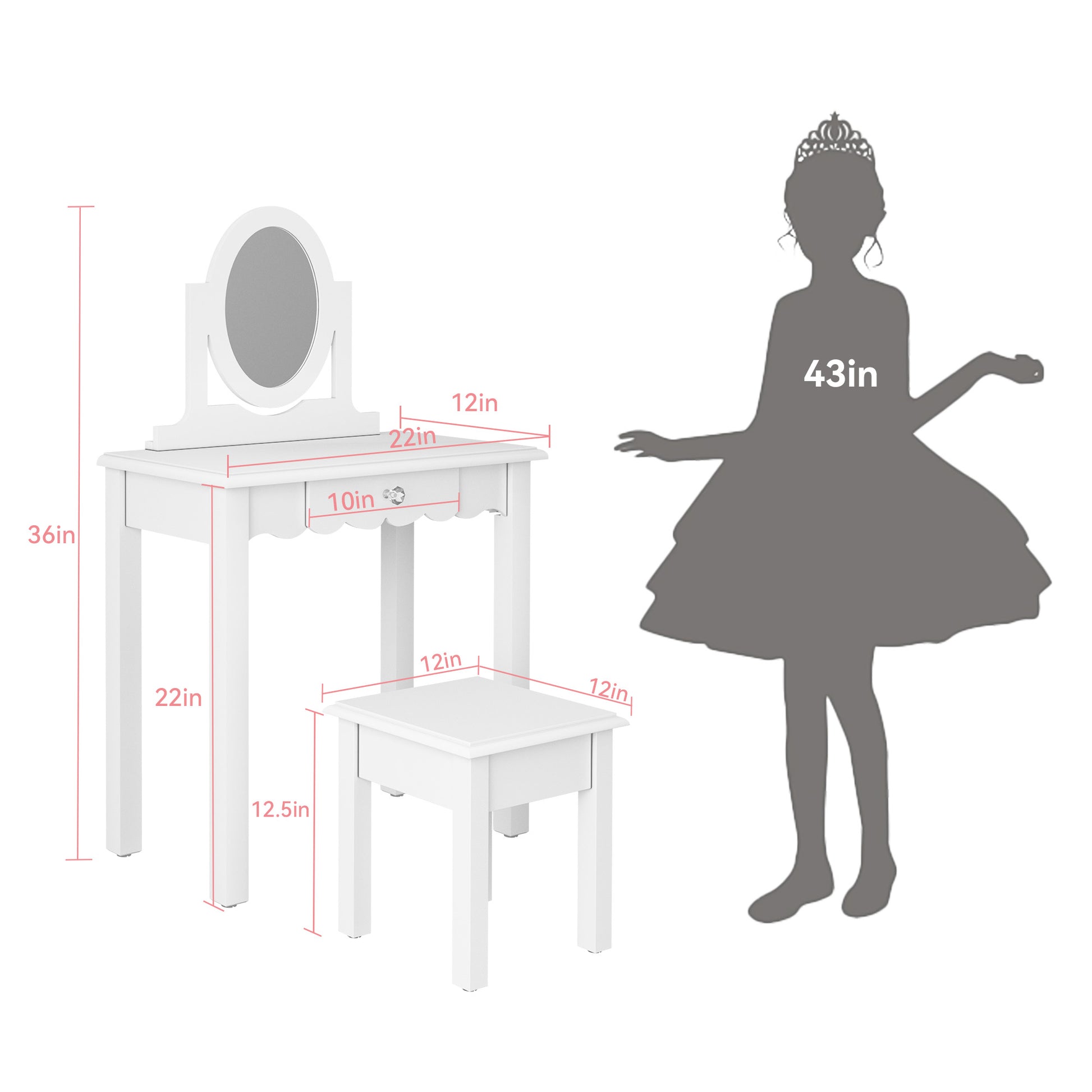CBJCBJ Kids Vanity Set with Mirror and Stool（Detachable Top）, Wooden 2 in 1 Princess Makeup Desk Dressing Table