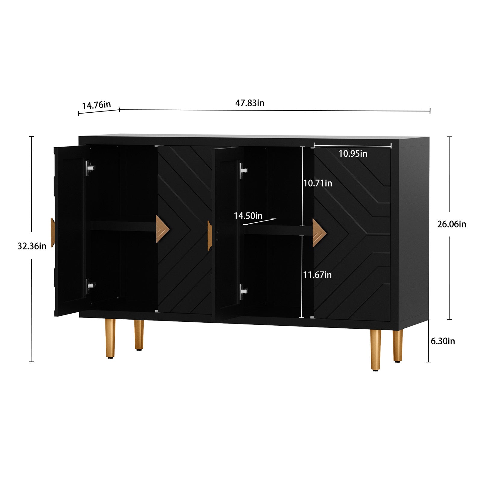 CBJCBJ 48" Modern Accent Sideboard, Buffet Cabinet with 4 Doors & Shelves, Credenza for Living Room Storage,Black