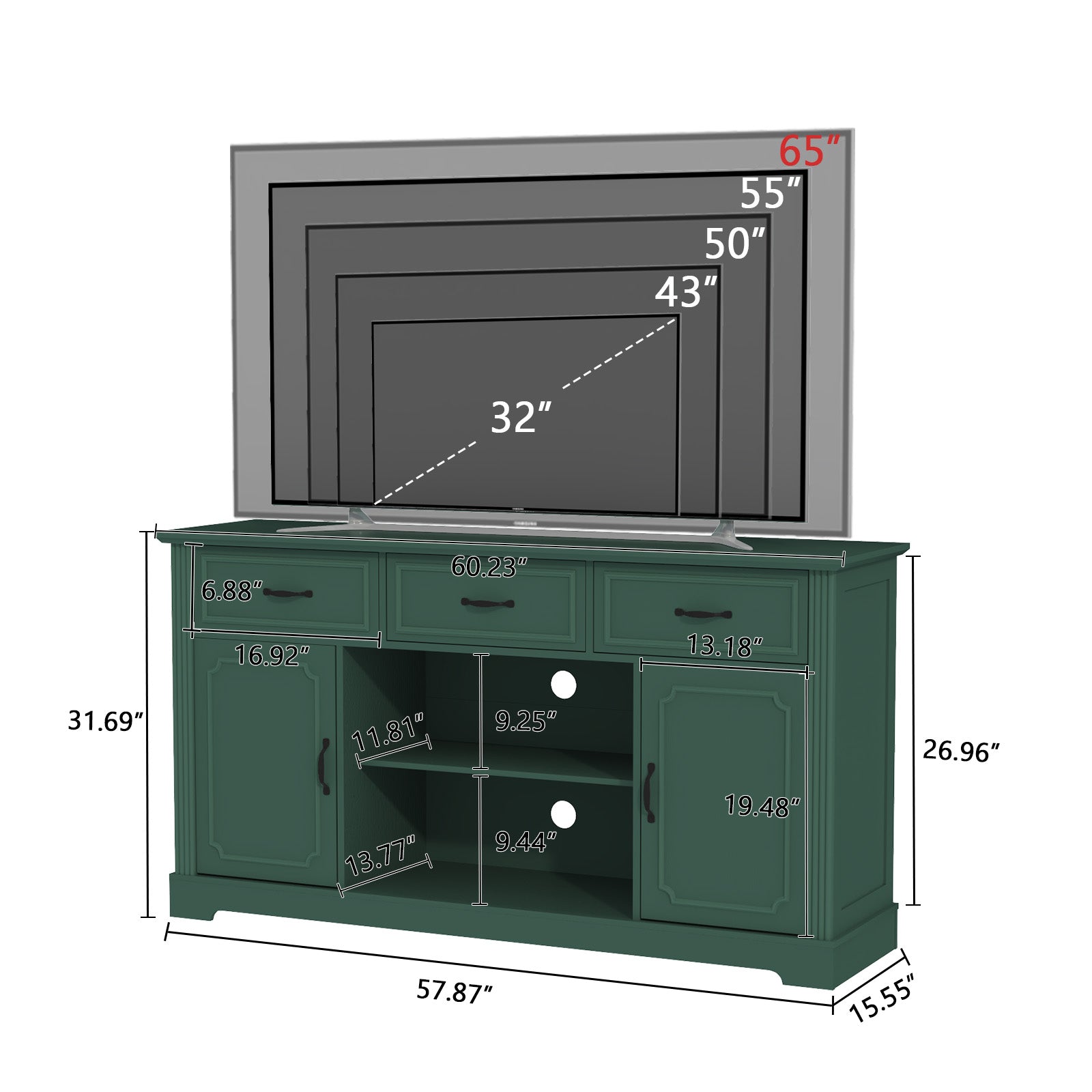 CBJCBJ 60.23" Farmhouse TV Console , 33" Tall Entertainment Center | Up to 65" & Larger TVs | Adjustable Shelf | 3 Drawers & Sliding Barn Doors(Green)