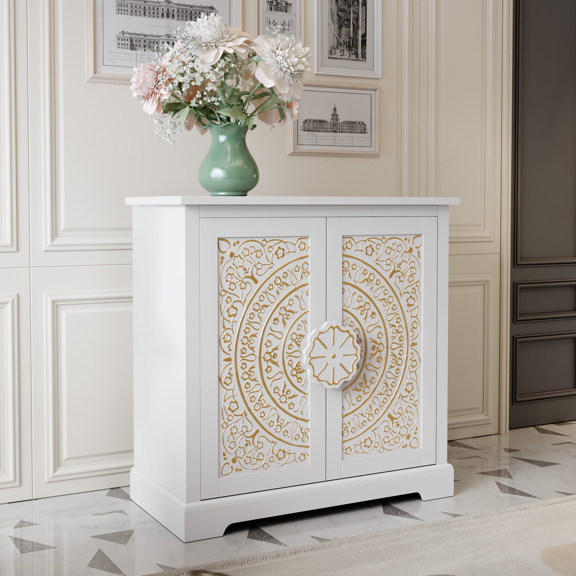 CBJCBJ 31.5" Kitchen Sideboard Buffet Cabinet with 2 Door Storage, Mid-Century Accent Cabinet for Living Room,White