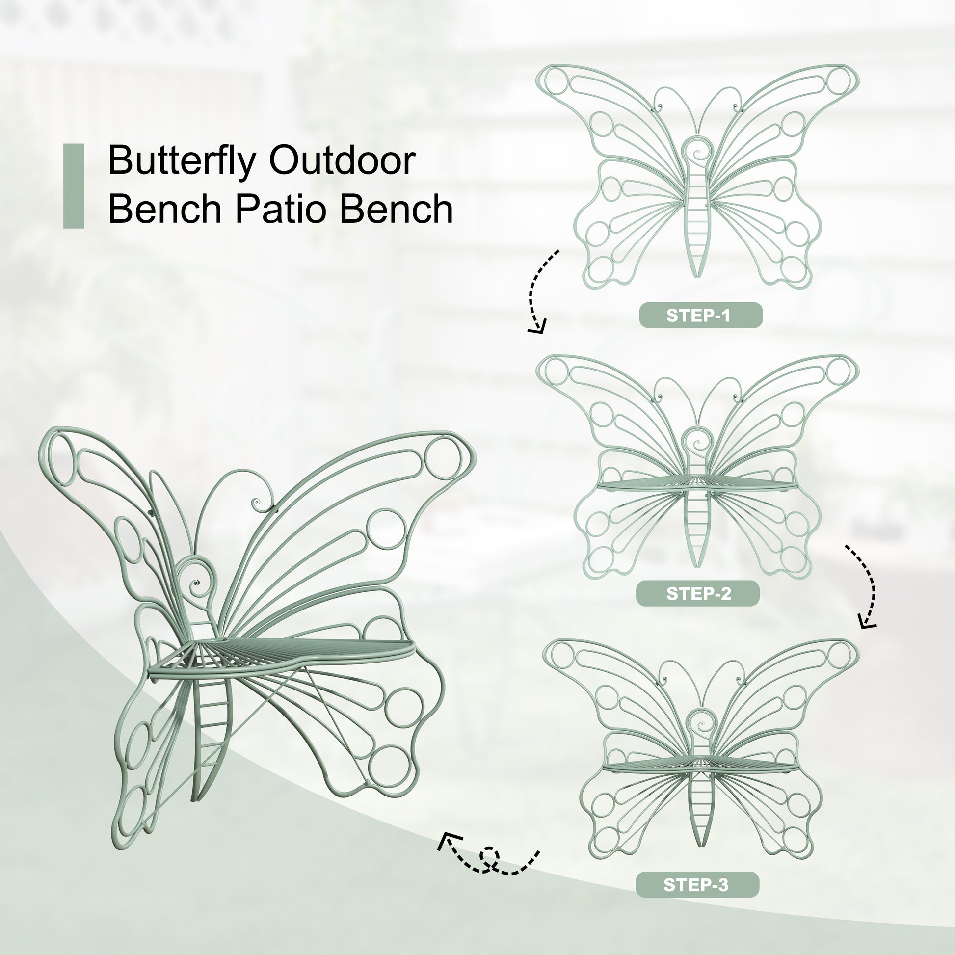 CBJCBJ 50" Weatherproof Outdoor Patio Bench，Metal Butterfly Design for Garden and Lawn Porch， Green