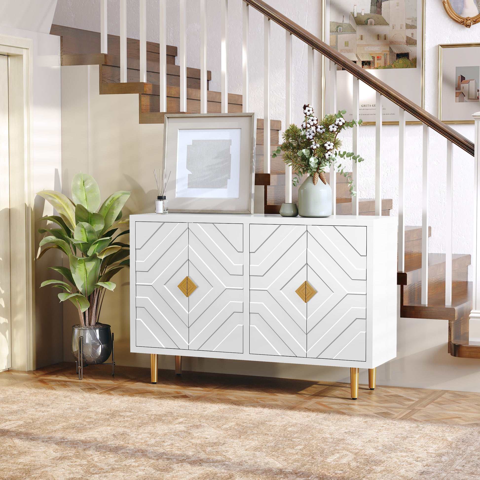 CBJCBJ 48" Modern Accent Sideboard Buffet Cabinet with 4 Doors & Shelves, Credenza for Living Room Storage,White