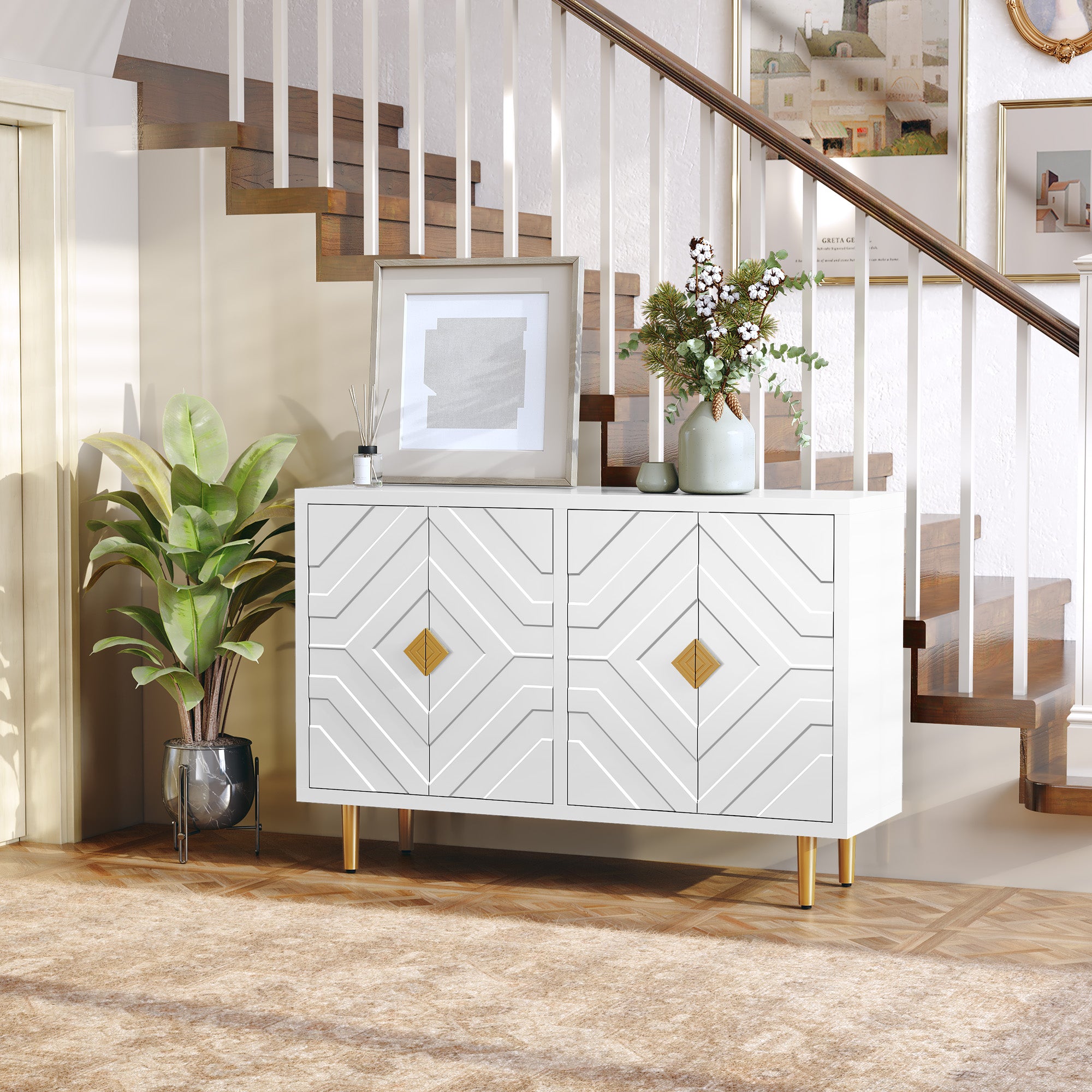 CBJCBJ 48" Modern Accent Sideboard Buffet Cabinet with 4 Doors & Shelves, Credenza for Living Room Storage,White