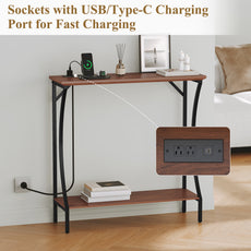 CBJCBJ Narrow Console Table with Charging Station, 2-Tier Simple Entryway Table for Living Room Hallway,Brown