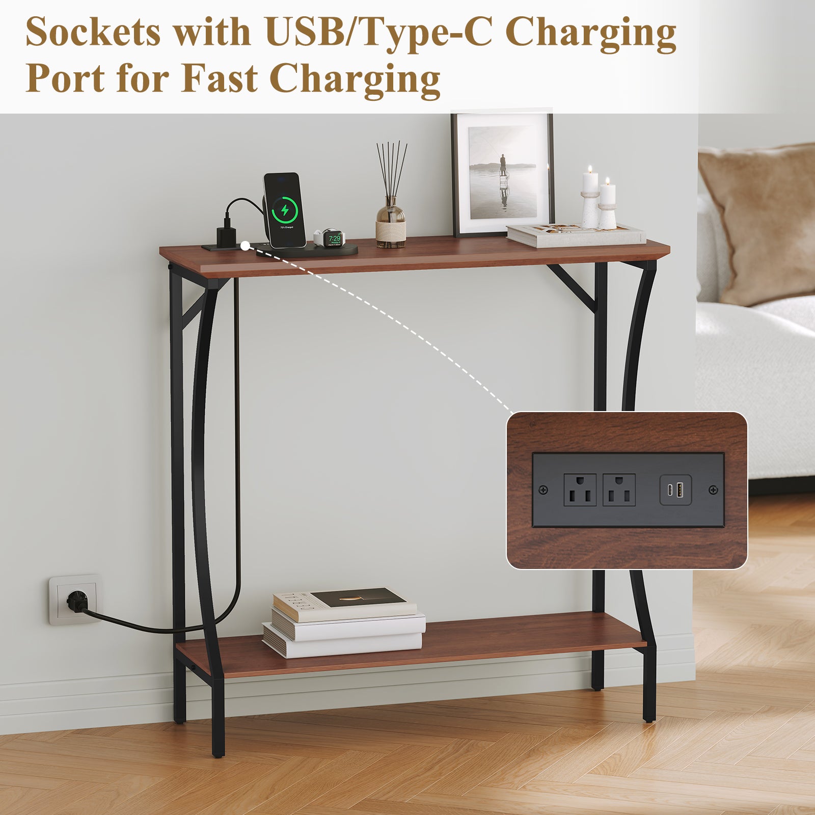 CBJCBJ Narrow Console Table with Charging Station, 2-Tier Simple Entryway Table for Living Room Hallway,Brown