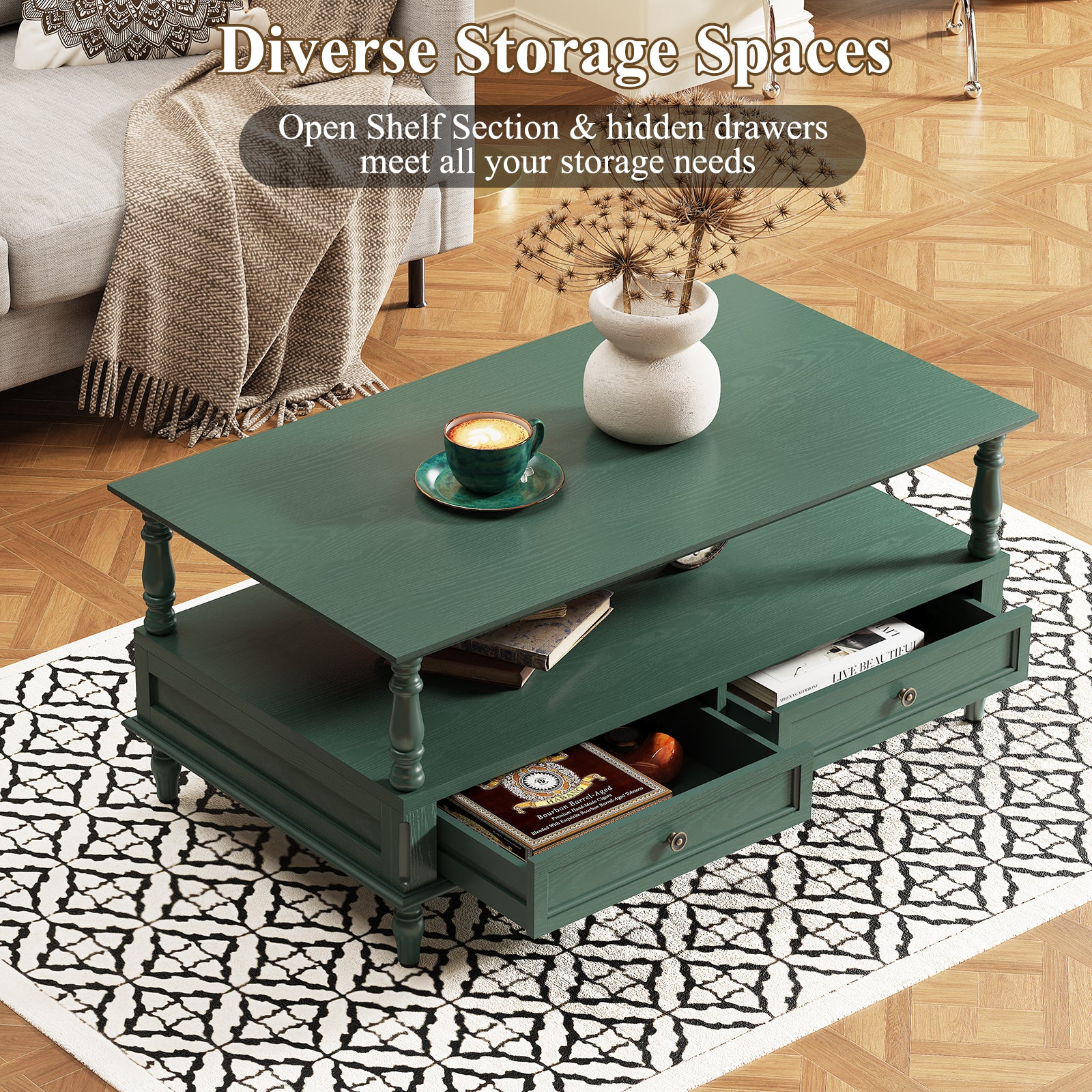 CBJCBJ 41"Retro Coffee Table with Drawers and Open Storage, Center Table for Living Room,Green