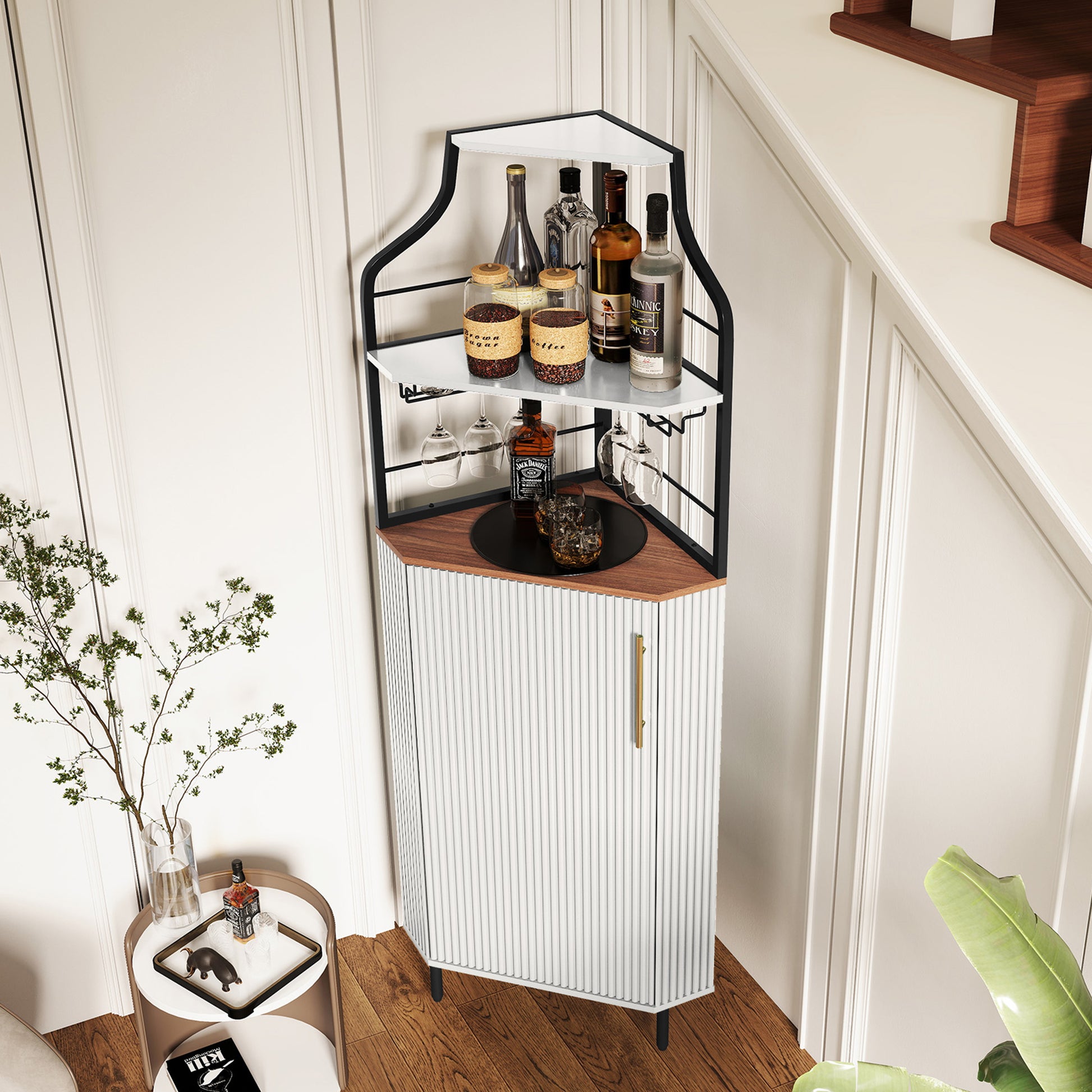 CBJCBJ Corner Coffee Bar Cabinet with LED Strip, Modern Wine Bar Cabinet with Cup Rack, for Dining Room,White