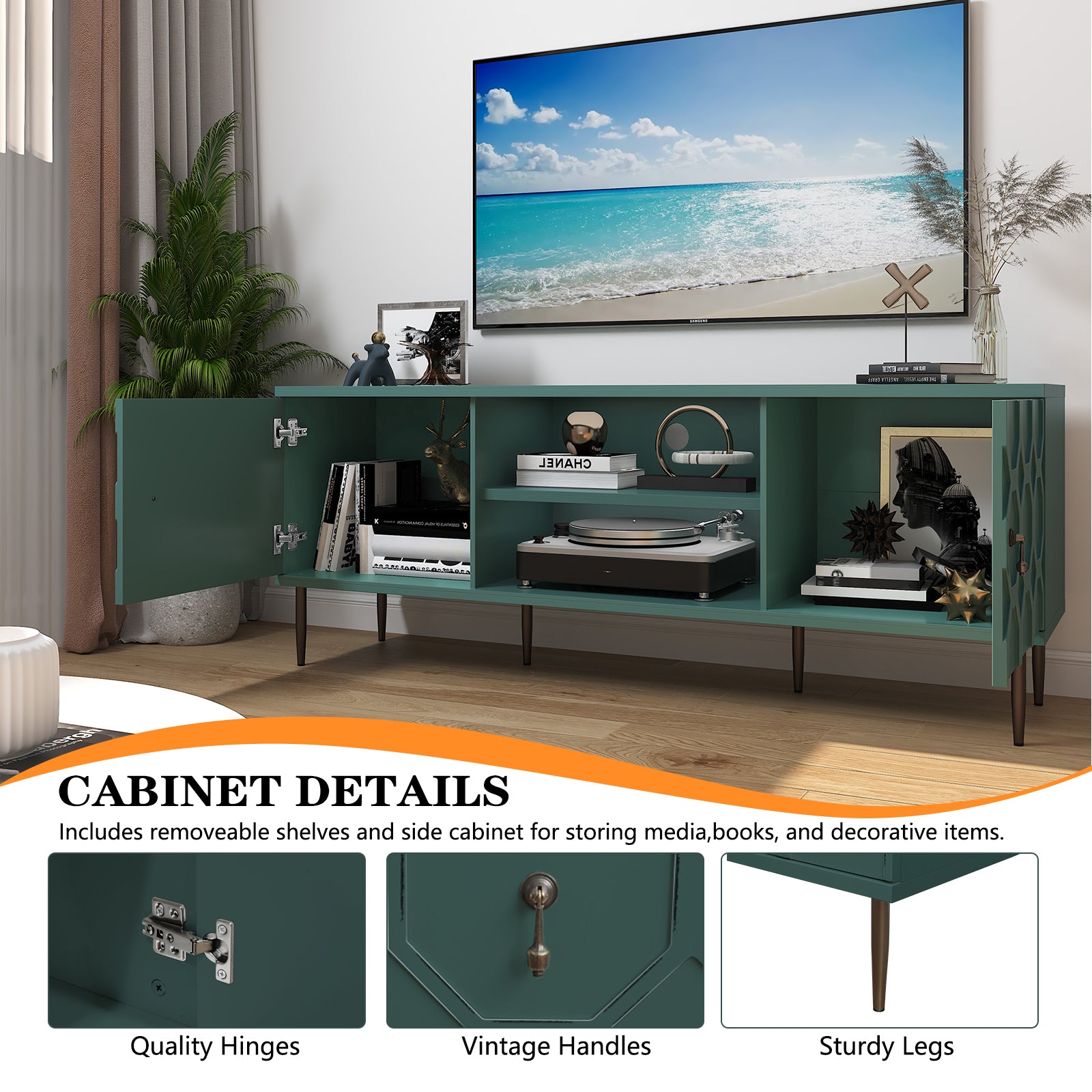 CBJCBJ Entertainment Center Console with 4 Doors and 2 Open Shelves for TV up to 75+ Inch, Green