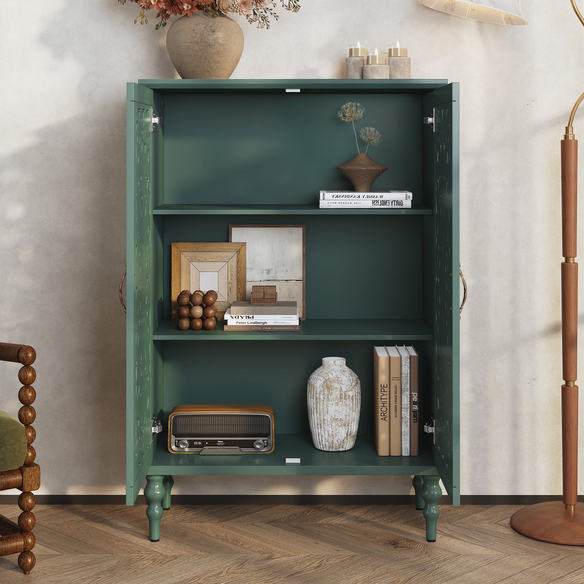 HLR Buffet Cabinet with Storage Accent Sideboard, Modern Hollow 2 Doors Credenza for Dining Room, Green