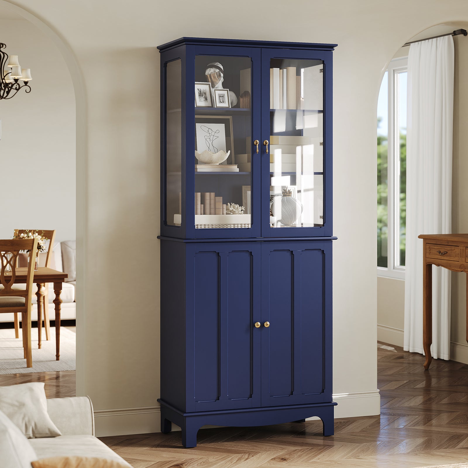 CBJCBJ Modern Bookcase with Storage, Display Cabinet with Glass Doors, Storage Cabinet with Adjustable Shelves,Blue
