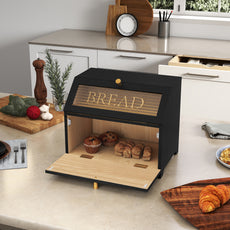CBJCBJ 15.1" Gold-Trimmed Wooden Bread Box, Double Layer Kitchen Counter Organizer, Vintage Farmhouse Storage,Black