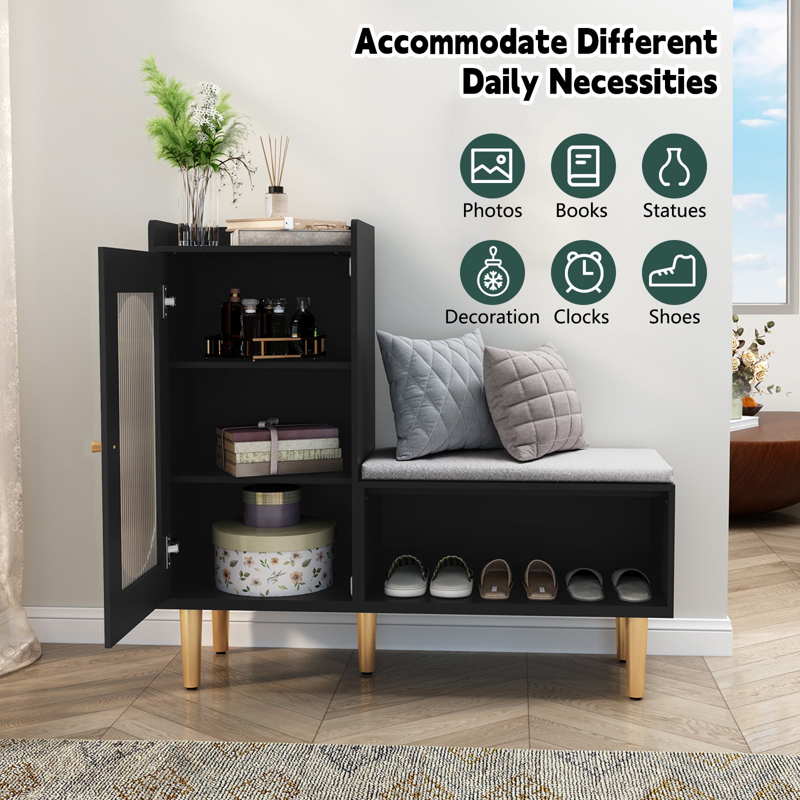 CBJCBJ Modern Storage Bench with Glass Door & Shelf - L-Shaped Entryway Cabinet, Padded Seat for Hallway/Bedroom/Office