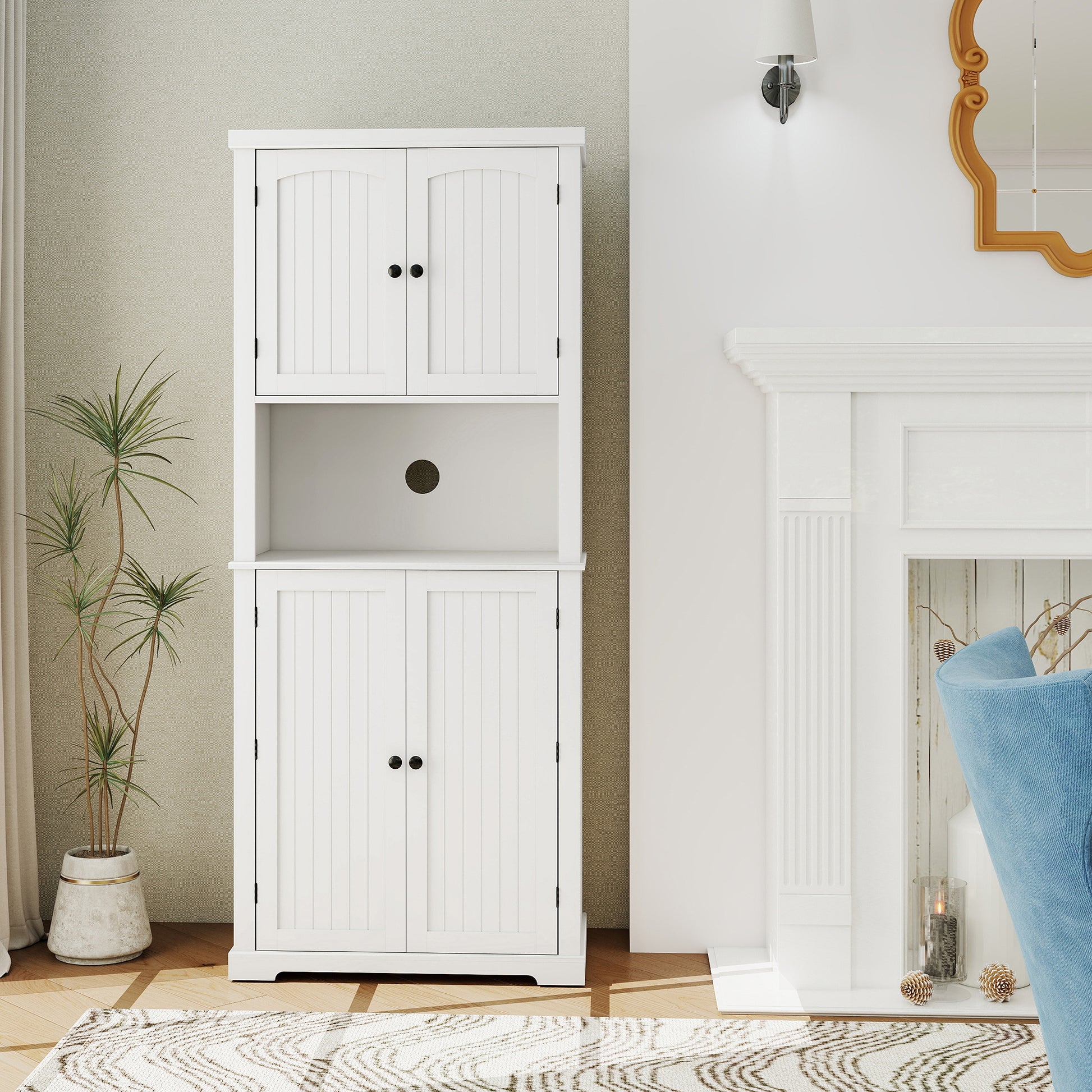 HLR 72" Kitchen Pantry Cabinet, Freestanding Pantry Storage Cabinet with Hutch & Shelves, White