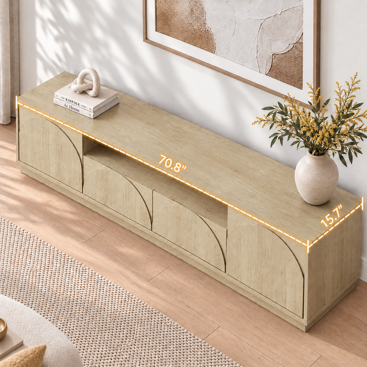 HLR Farmhouse 70" TV Stand for TVs up to 80", Entertainment Center with Storage Doors and Drawers, Natural Brown