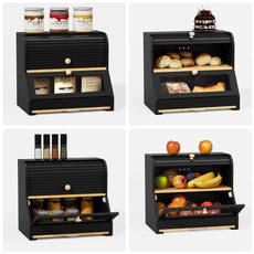 HLR Natural Bamboo Bread Box Kitchen Countertop with Cutting Board and Roll Top, Black 2-Tier Large Wood Bread Bin