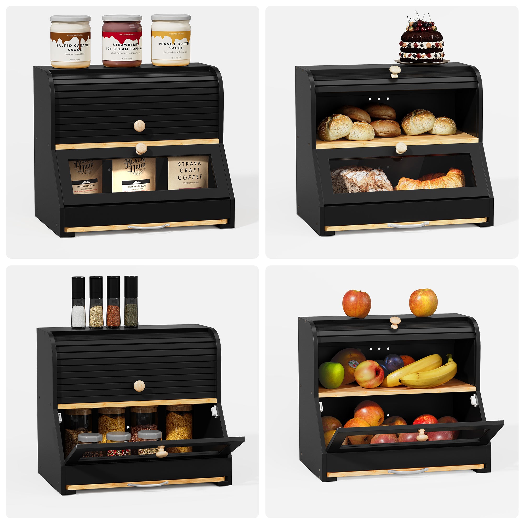 HLR Natural Bamboo Bread Box Kitchen Countertop with Cutting Board and Roll Top, Black 2-Tier Large Wood Bread Bin