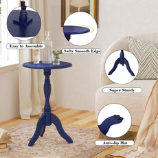HLR Round Small End Table, Wooden Pedestal Side Coffee Table, Vintage Accent Nightstand for Living Room, Entryway, Navy Blue
