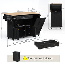 HLR Mid-Century 60" Kitchen Island with Trash Can Storage, Rolling Island Table, Black