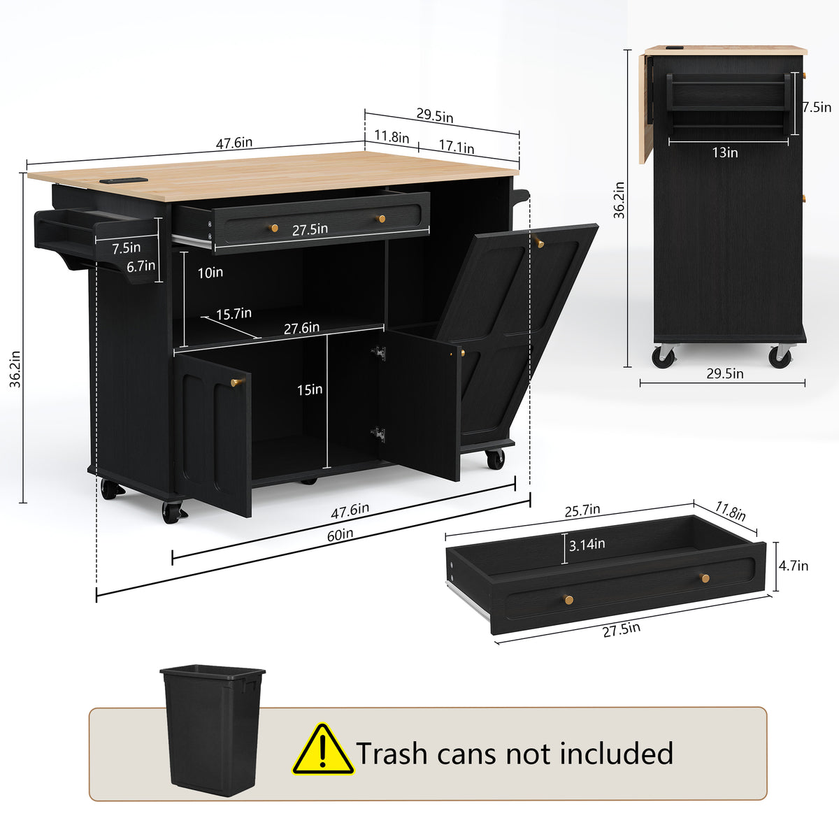 HLR Mid-Century 60" Kitchen Island with Trash Can Storage, Rolling Island Table, Black