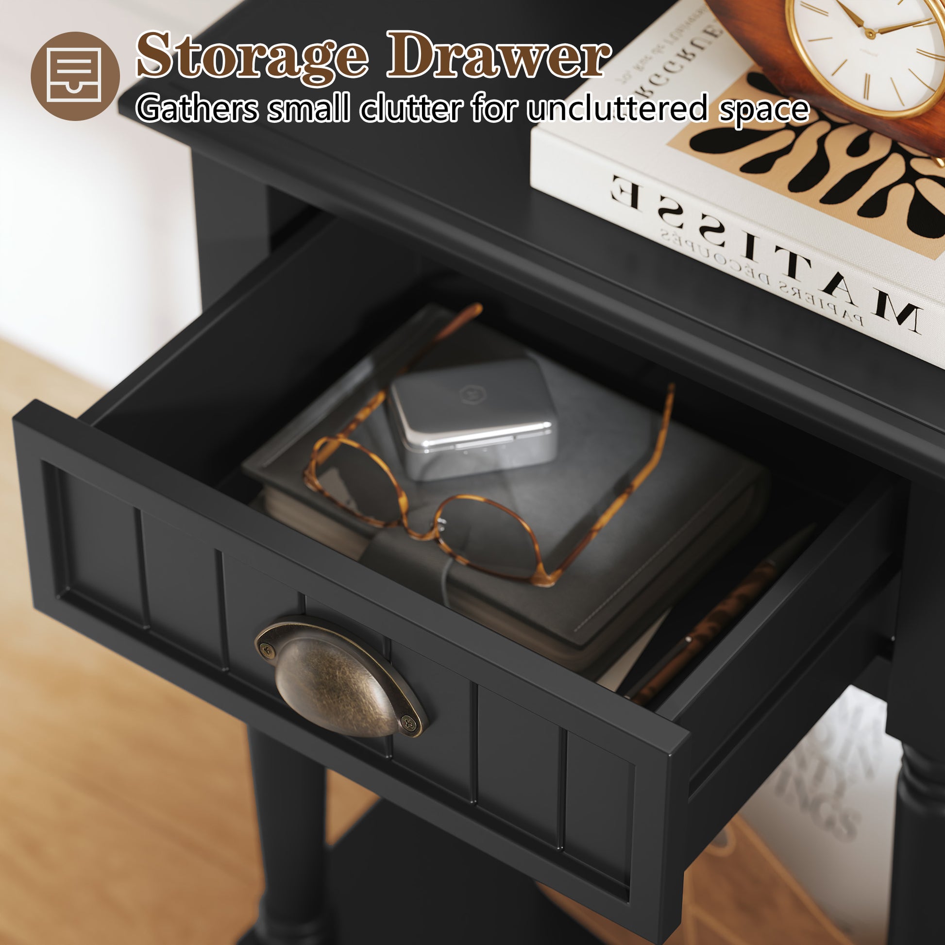 CBJCBJ 26.8"H Retro Nightstands, Side Table with Drawers and Open Shelves, for Bedrooms and Sofas,Black