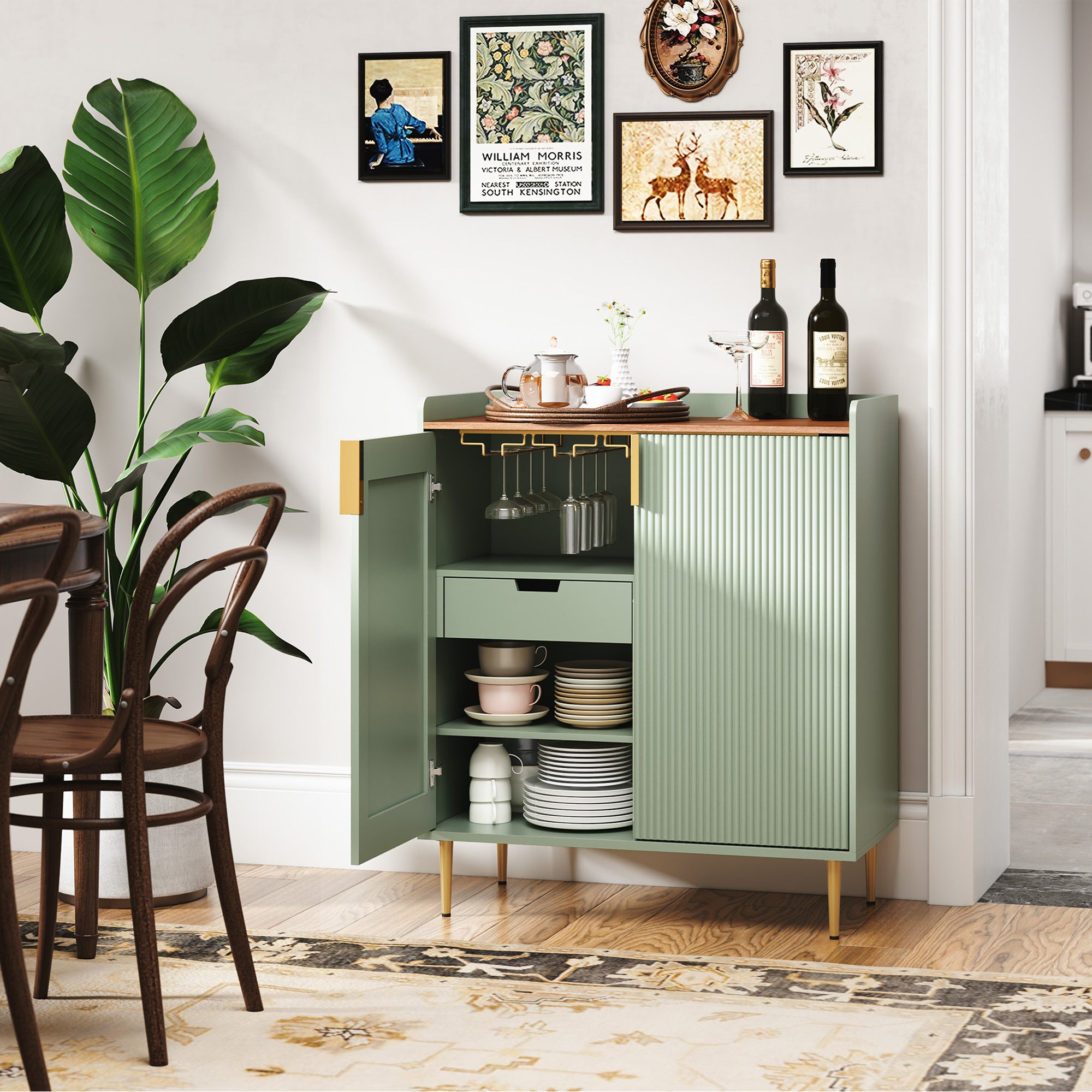 CBJCBJ Modern Wine Cabinet, Home Bar Cabinet with Storage Drawers and Wine Rack, Kitchen Sideboard,Sage Green