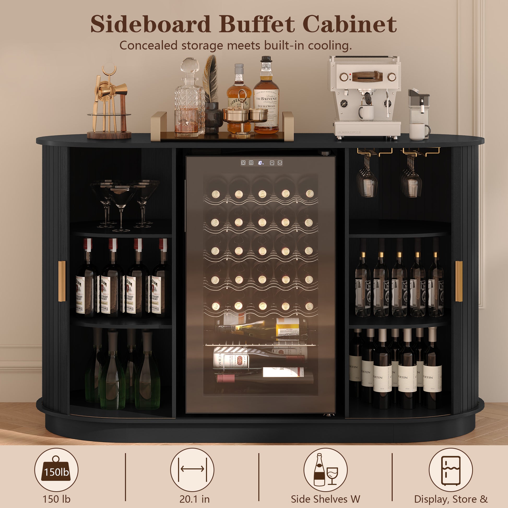HLR Mid Century Coffee Bar Cabinet, Wine Cabinet Mini Fridge Space, Black