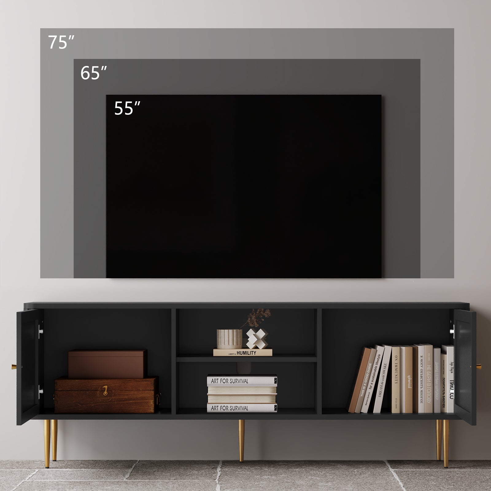 HLR 67 In Fluted TV Stand for TVs Up to 75 Inch, Mid Century Modern Entertainment Center with Storage, Black