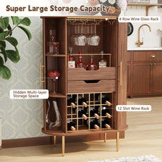 CBJCBJ Bar Cabinet with Tambour Door, Wood Liquor Cabinet with 16 Wine Racks and Adjustable Shelves, Brown