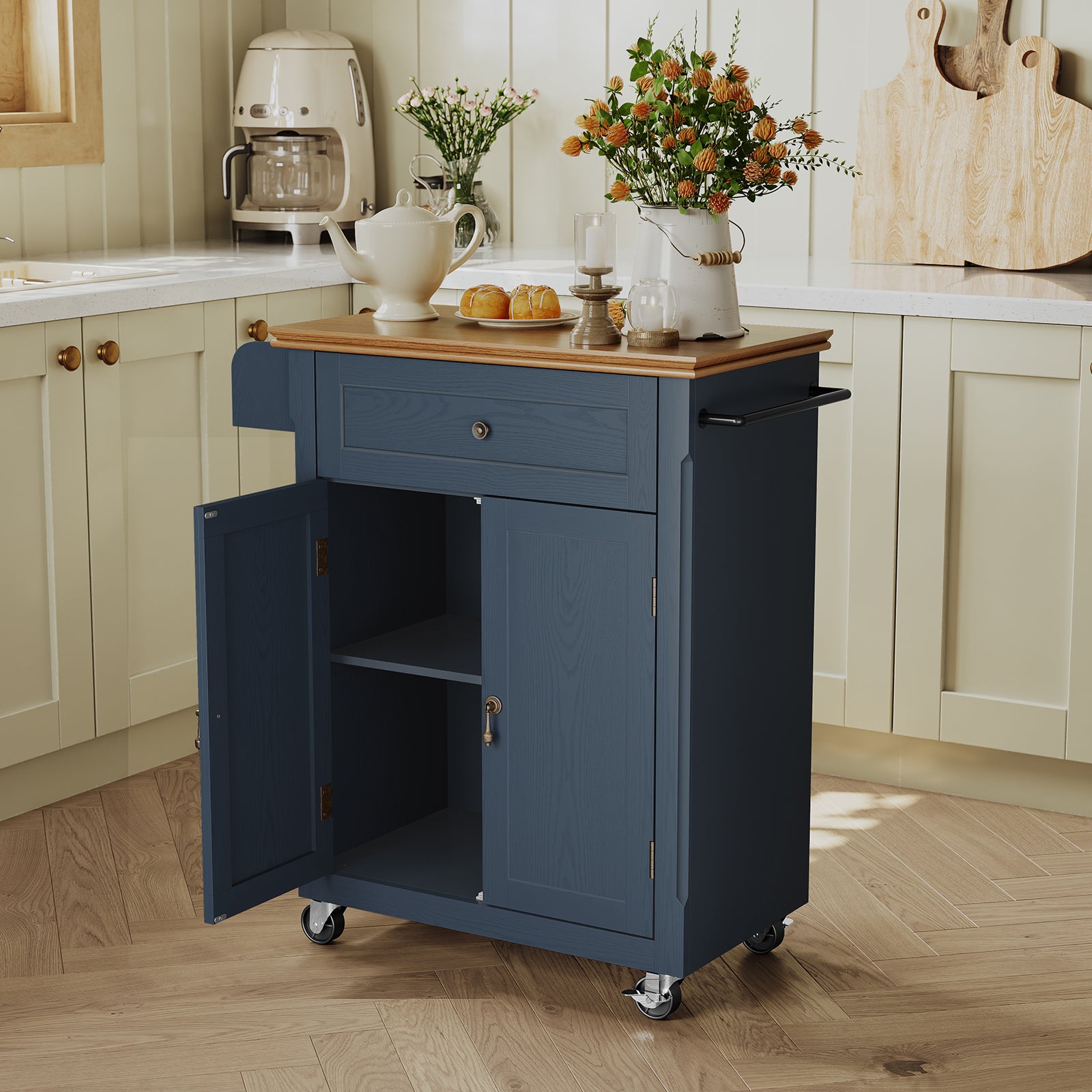 HLR Small Kitchen Islands Table with Storage, Rolling Wood Microwave Cart on Wheels for Dining Room, Blue