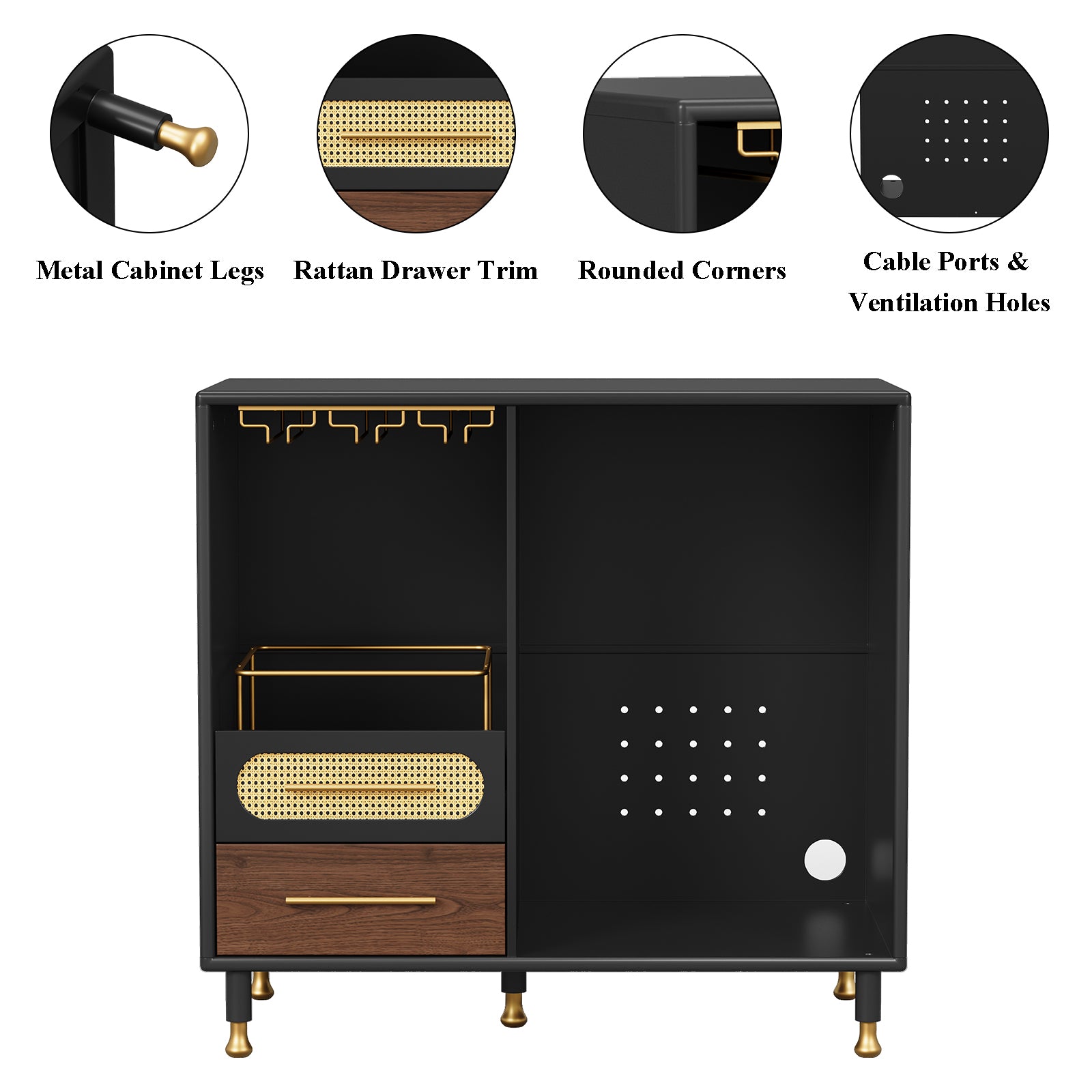 HLR Modern Coffee Bar Cabinet with Space for Mini Fridge and Rattan Drawer, Black