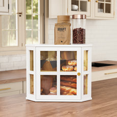 HLR Double Layer Bamboo Bread Box for Kitchen Counter, Large Capacity Bread Storage Bin with Acrylic Door, White