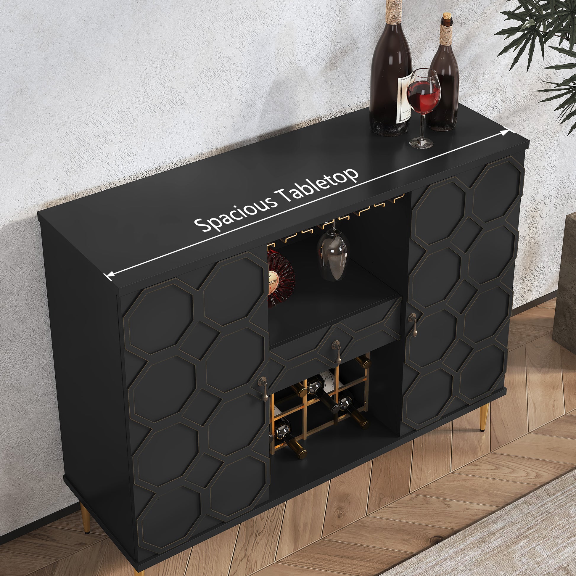 HLR Modern 47.2" Wine Bar Cabinet with Drawer, Geometric Door Buffet Sideboard Coffee Bar for Kitchen