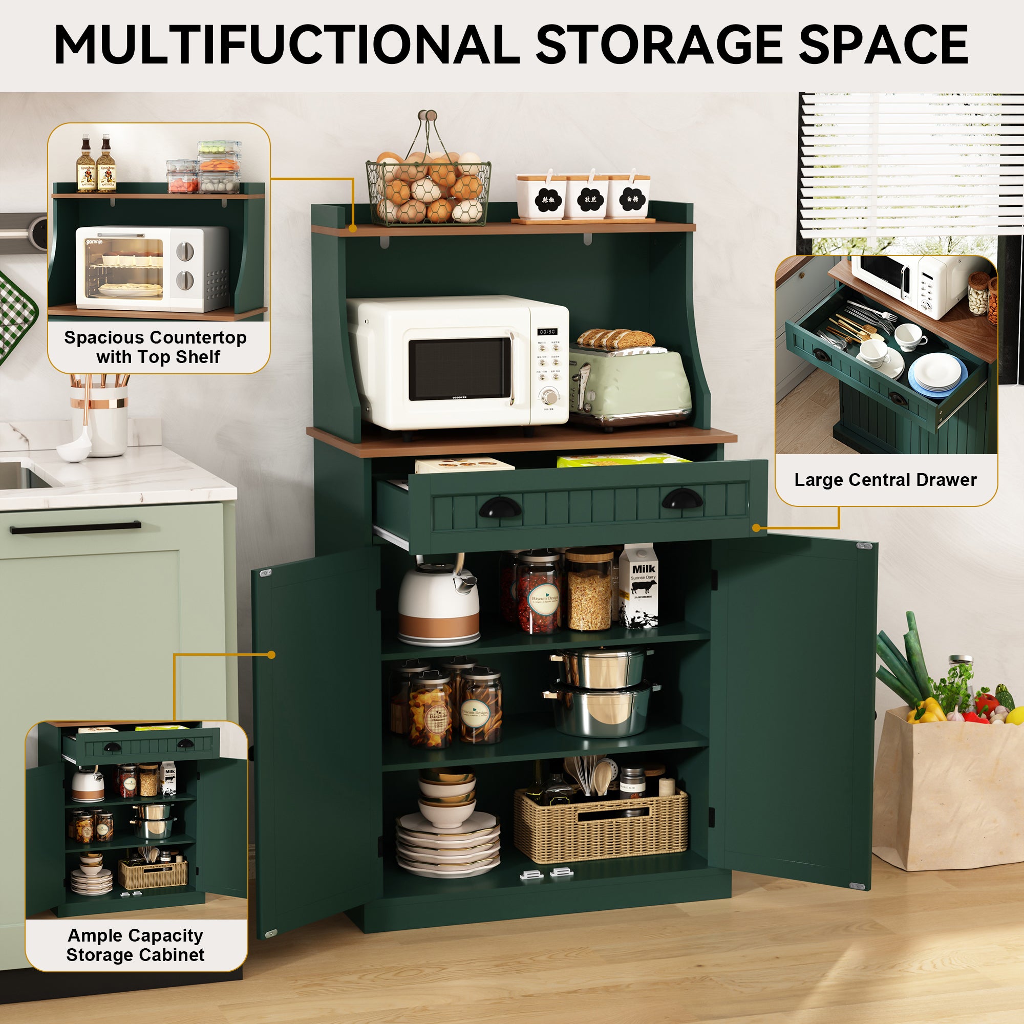 CBJCBJ 54" Kitchen Pantry Cabinet with Door & Shelves, Sideboard Buffet Cabinet with Microwave Stand for Dining Room,Green