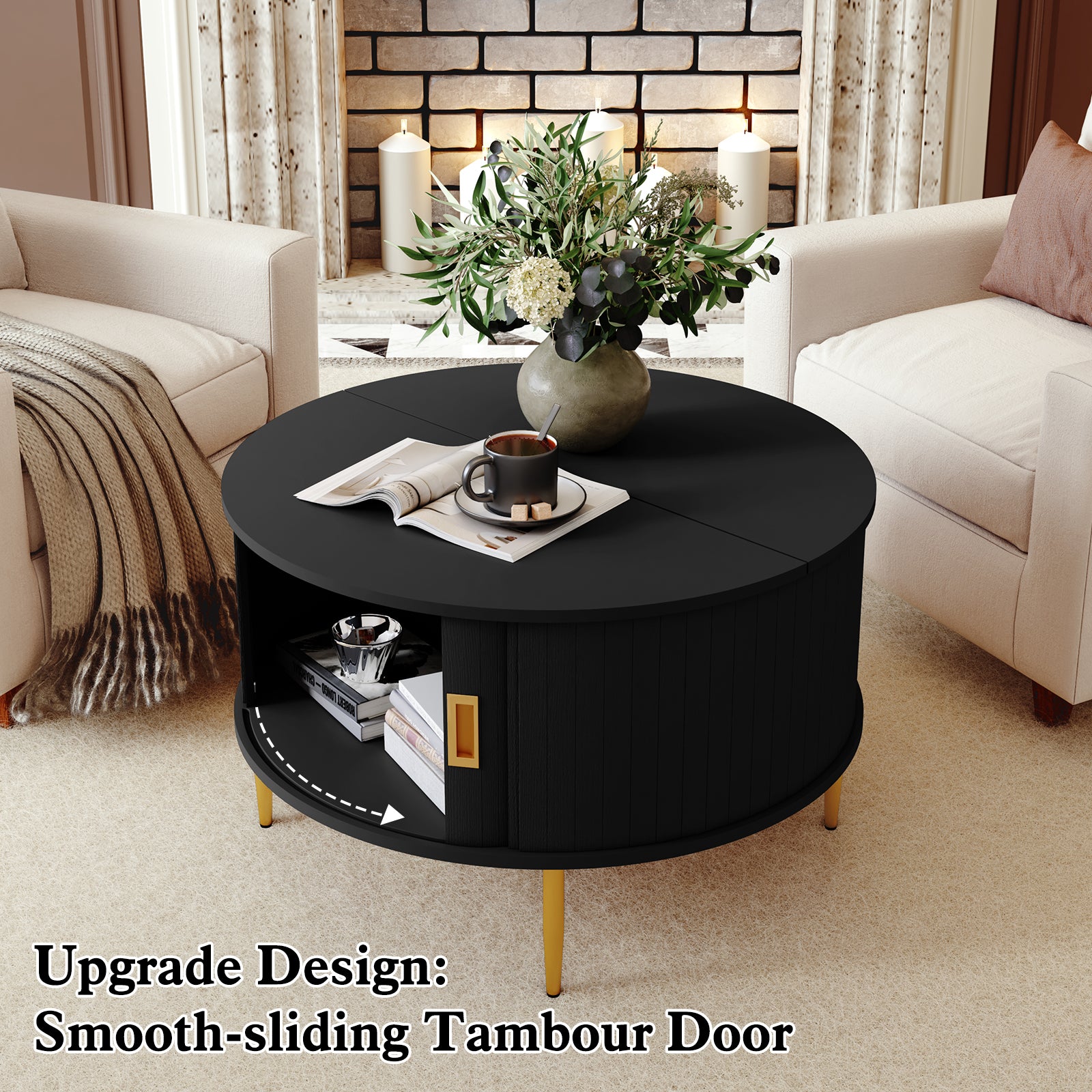 CBJCBJ 31" Modern Round Coffee Table with Sliding Door Storage, Center Table for Living Room, Black