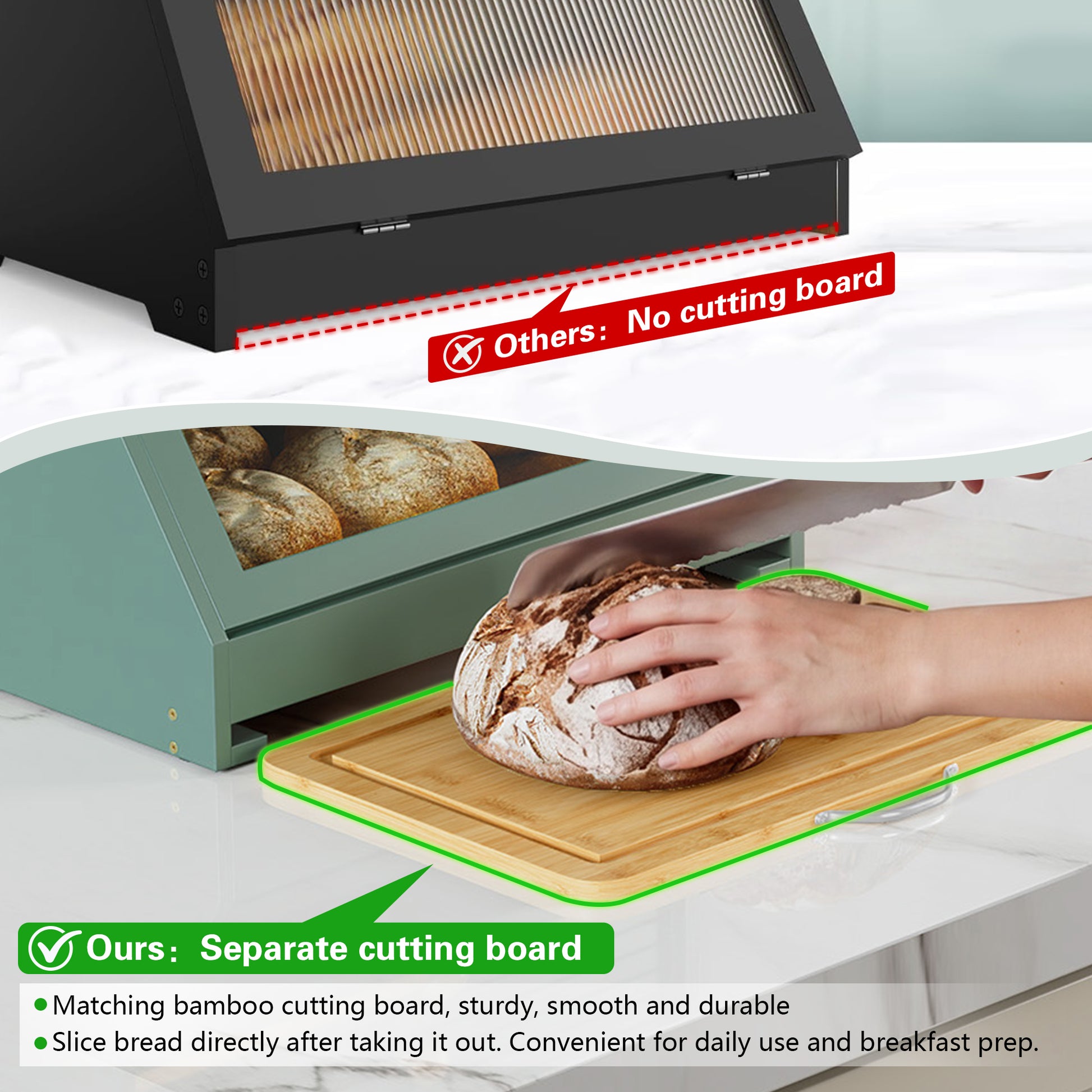 CBJCBJ Natural Bamboo Bread Box with Cutting Board and Roll Top, 2-Tier Large Wood Bread Bin for Kitchen,Green