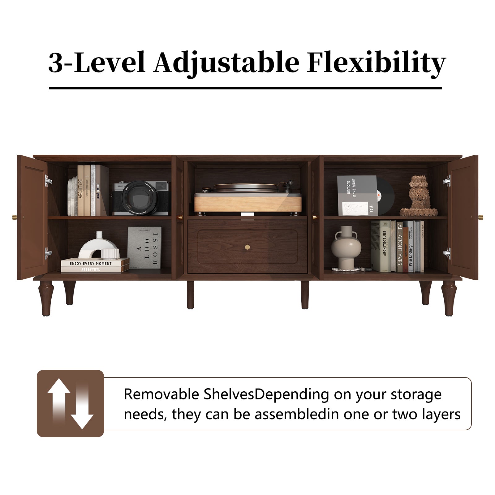CBJCBJ 67"Mid-Century Modern TV Stand for TVs up to 75" ,Media Console With Storage and Adjustable Partition , Brown