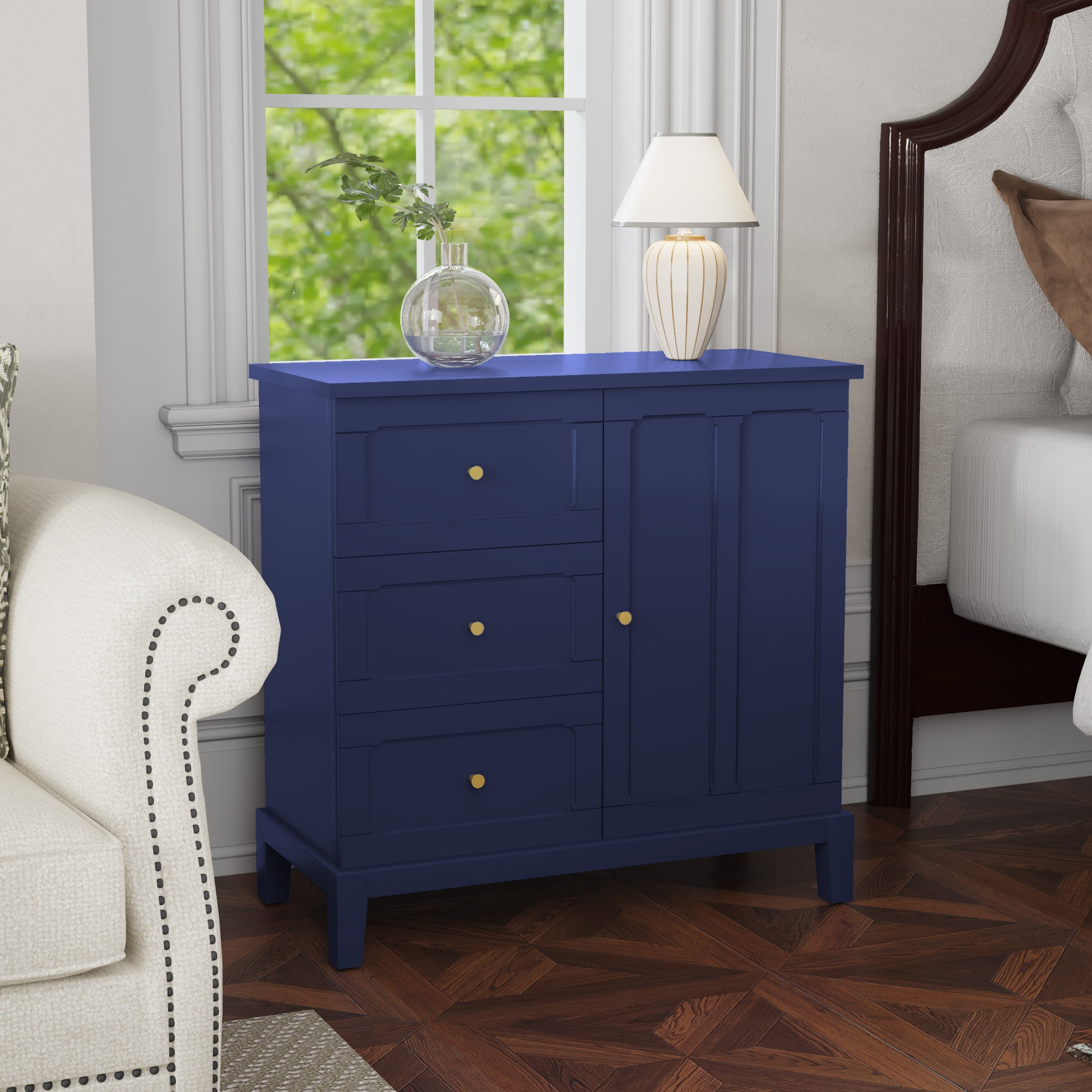 CBJCBJ 31.7"Storage Cabinet, Classical 3 Drawers & 1 Door Design with Gold-Tone Handles, Multi-Use Organizer for Living Room, Kitchen, Bathroom（BLUE)