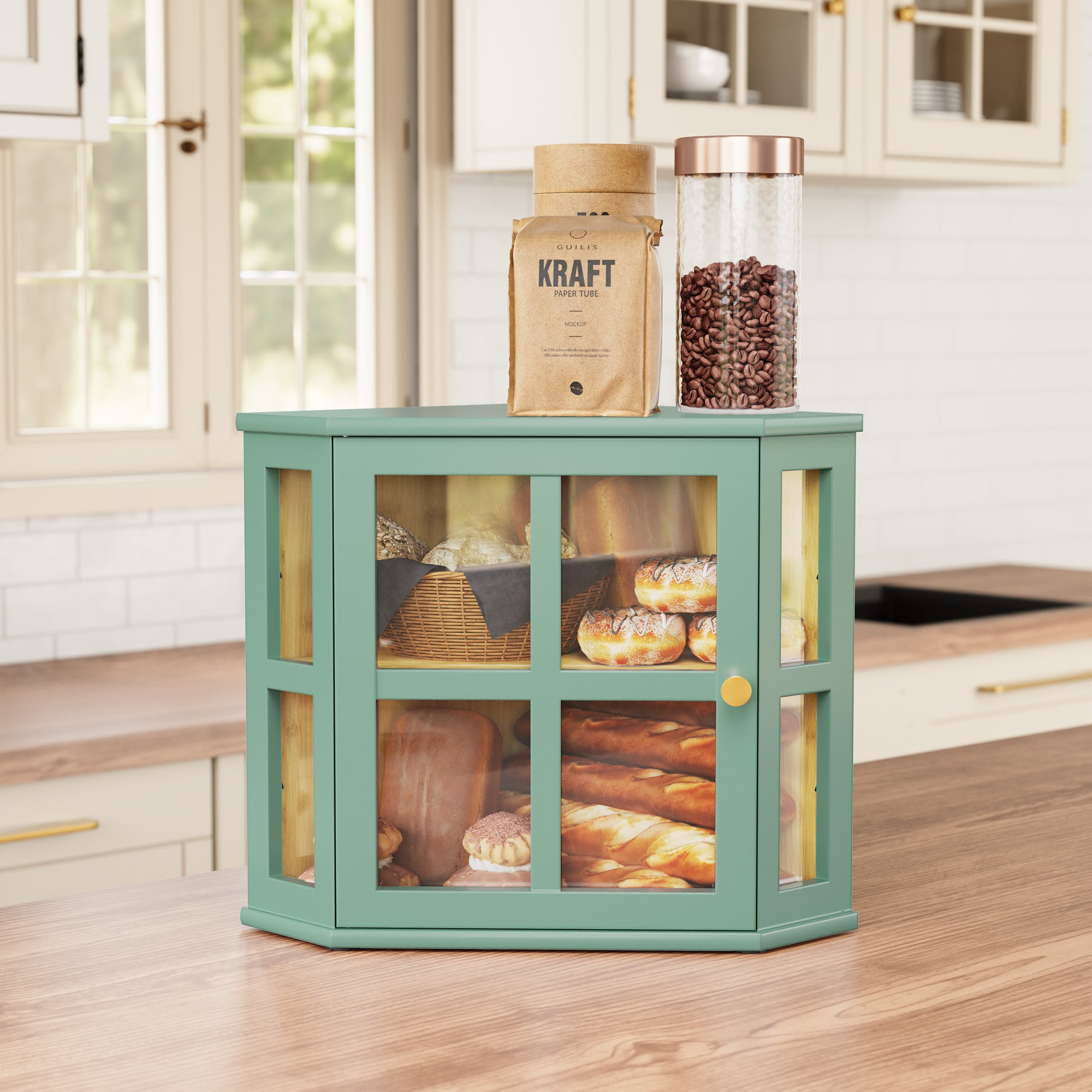 HLR Double Layer Bamboo Bread Box for Kitchen Counter, Large Capacity Bread Storage Bin with Acrylic Door, Green