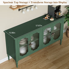 HLR 58'' Large Sideboard Buffet Cabinet with Storage, 4 Glass Modern Credenza Table for Kitchen, Green