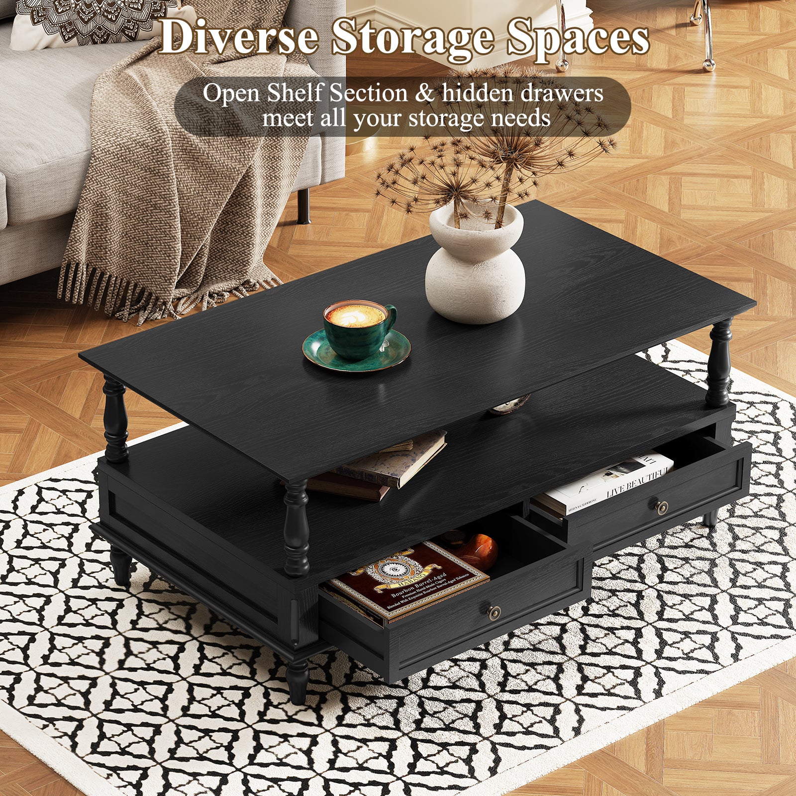 CBJCBJ 41"Retro Coffee Table with Drawers and Open Storage, Center Table for Living Room,Black