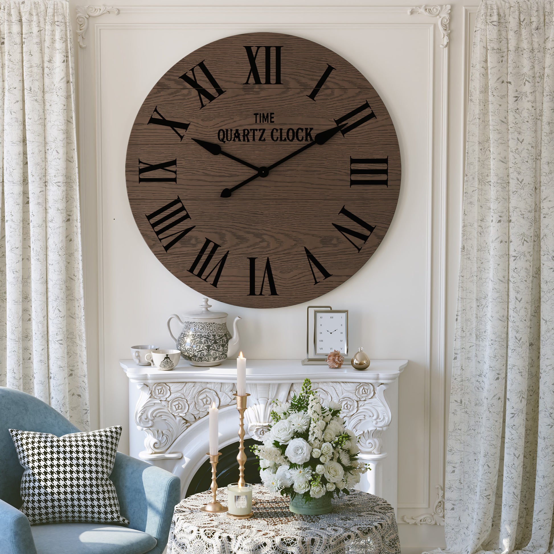 CBJCBJ 35.5” Farmhouse Large Shiplap Round Wall Clock with Roman Numeral for Living Room Decor, Brown
